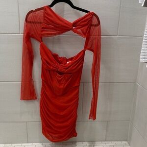 Oh Polly Red Ruched Mesh Mini Dress